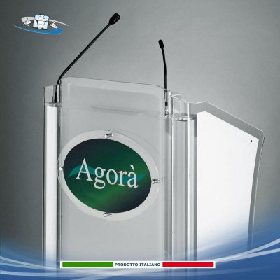 Agorà - Podio leggio per conferenze in plexiglass con targa personalizzabile e microfoni