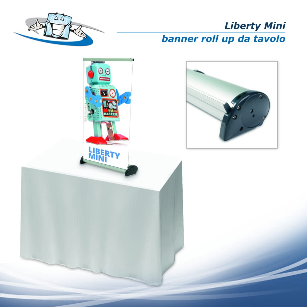 Liberty Mini - Banner Roll Up personalizzati con due piedini stabilizzanti da tavolo