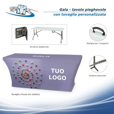 Gala - Tavolo pieghevole con tovaglia personalizzata con logo o messaggio promozionale