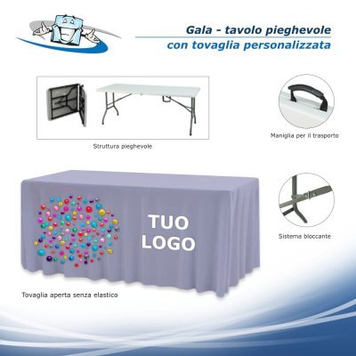 Gala - Tavolo pieghevole con tovaglia personalizzata con logo o messaggio promozionale