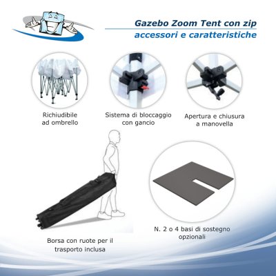 Gazebo Zoom Tent con Zip 3x3 m - Padiglione pubblicitario bianco per fiere e manifestazioni