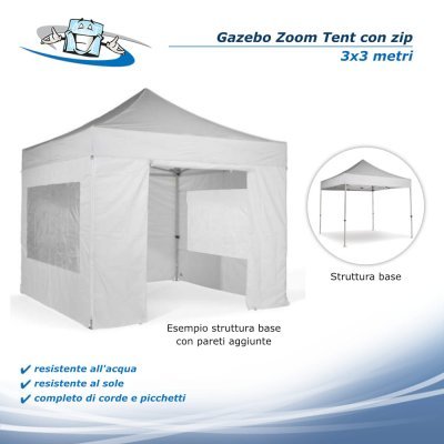 Gazebo Zoom Tent con Zip 3x3 m - Padiglione pubblicitario bianco per fiere e manifestazioni