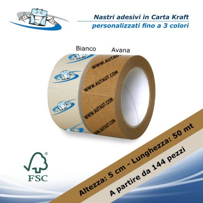 Nastro adesivo in CARTA KRAFT H 5 cm a partire da n. 144 pezzi con personalizzazione inclusa