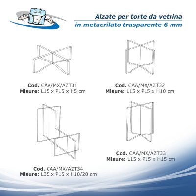 Alzate per torte e dolci per esposizione da vetrina in plexiglass trasparente in 4 formati