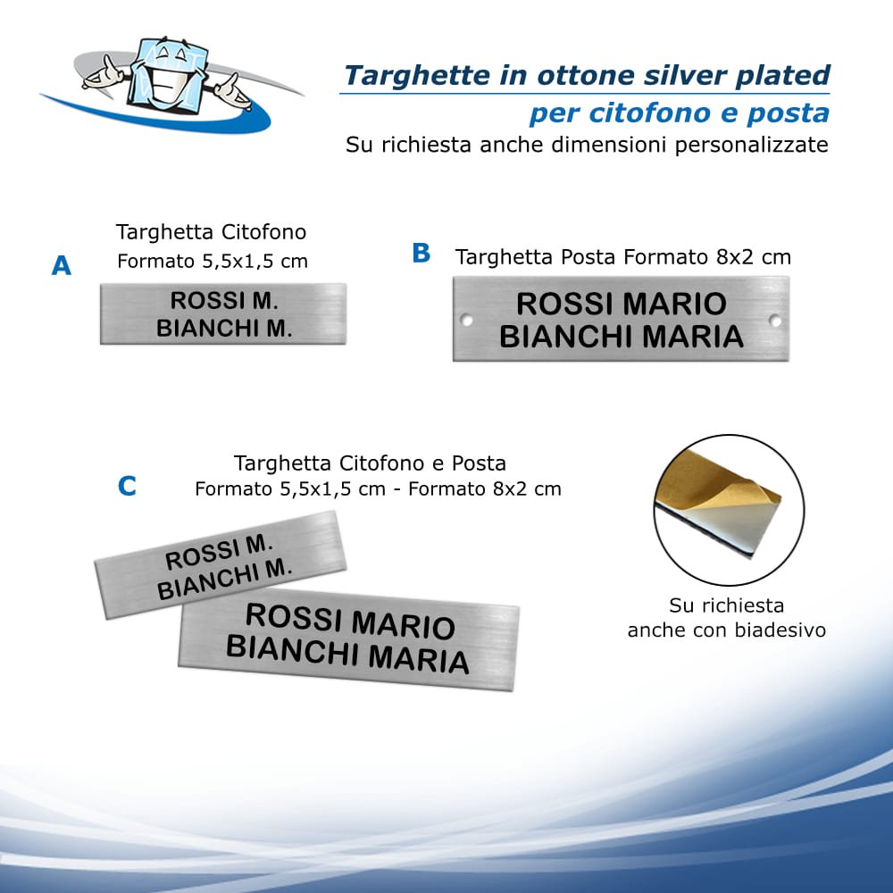 Targhette citofono e posta placcate argento satinato in ottone inciso personalizzate