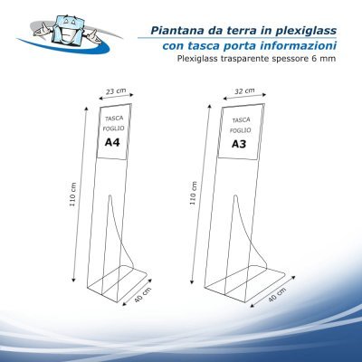 Piantana con tasca porta informazioni in 2 formati in plexiglass trasparente