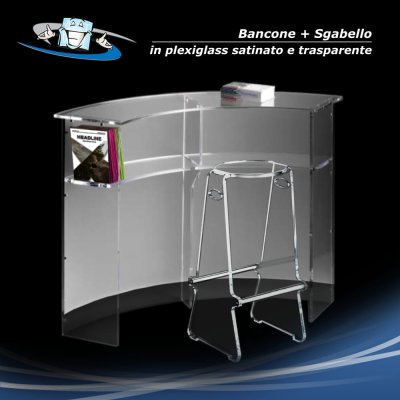 Bancone reception modulabile e sgabello in plexiglass trasparente e satinato