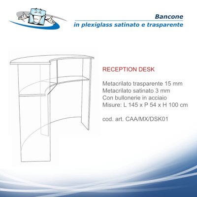 Bancone reception modulabile e sgabello in plexiglass trasparente e satinato