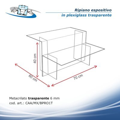 Ripiano espositivo con angoli retti in plexiglass trasparente