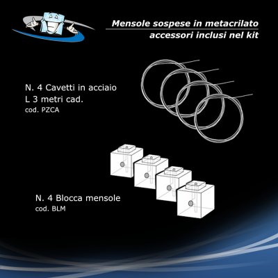 Mensole in plexiglass sospese a soffitto - Accessori inclusi nel kit