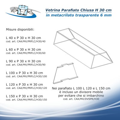 Parafiato H30 cm chiuso su tre lati in plexiglass, vetrina per alimenti, parasputo, barriera anche con sportello