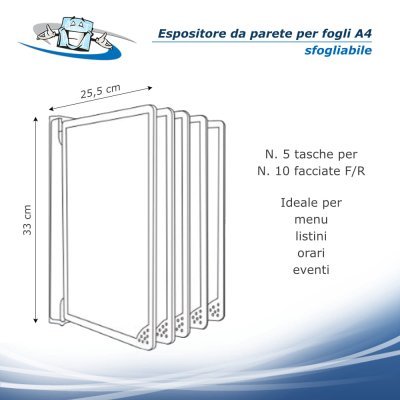 Espositore bifacciale da parete sfogliabile per fogli A4 menù listini orari eventi