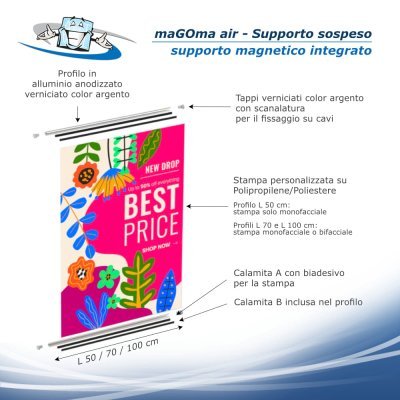 Magoma Air - Supporto sospeso con stampa personalizzata e profilo magnetico integrato