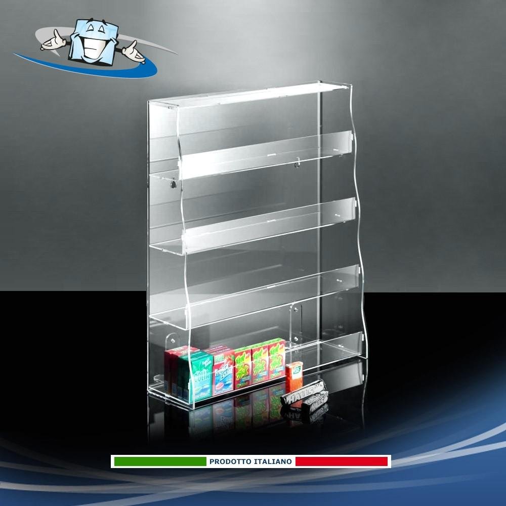 Espositore chewingum, gadget in plexiglass da banco con scomparti formato  L50 x P15 x H60 cm