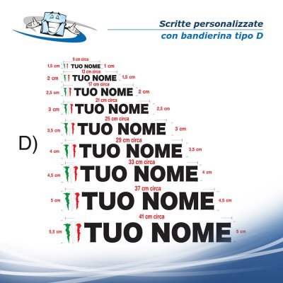 N. 2 pz. Scritte adesive prespaziate senza fondo in vinile colorato personalizzate con bandiera dell'Italia