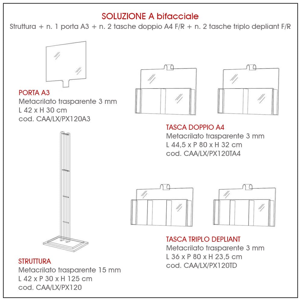 Piantana porta depliant in plexiglass con accessori abbinabili