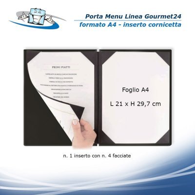 Linea Gourmet24 - Porta menu A4 (L 23 x H 32 cm) personalizzabile rivestito in ecopelle - inserto a cornicetta