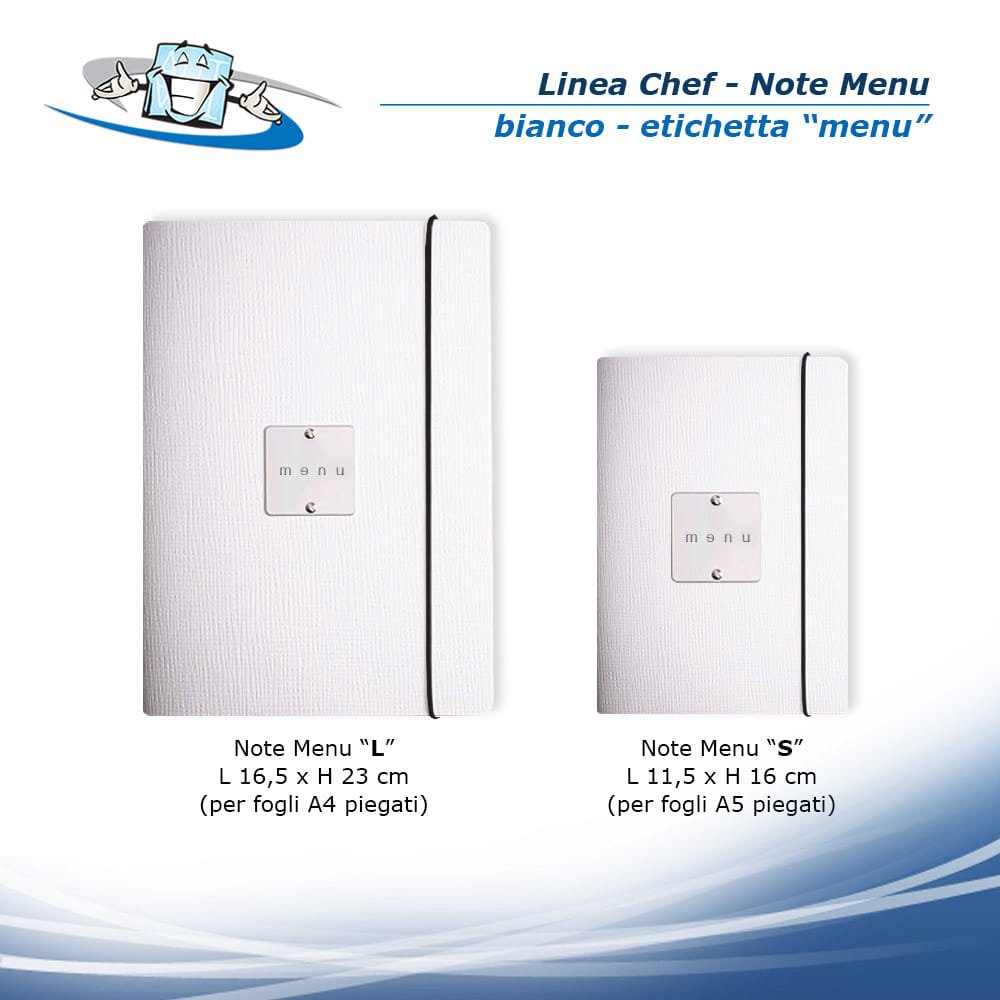 Linea Chef - Note Menu in vera pelle rigenerata in 2 formati - bianco con etichetta "menu"