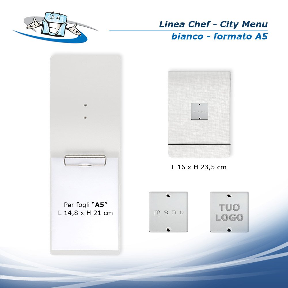 Linea Chef - City Menu in vera pelle rigenerata in 2 formati con etichetta personalizzabile - A5 bianco