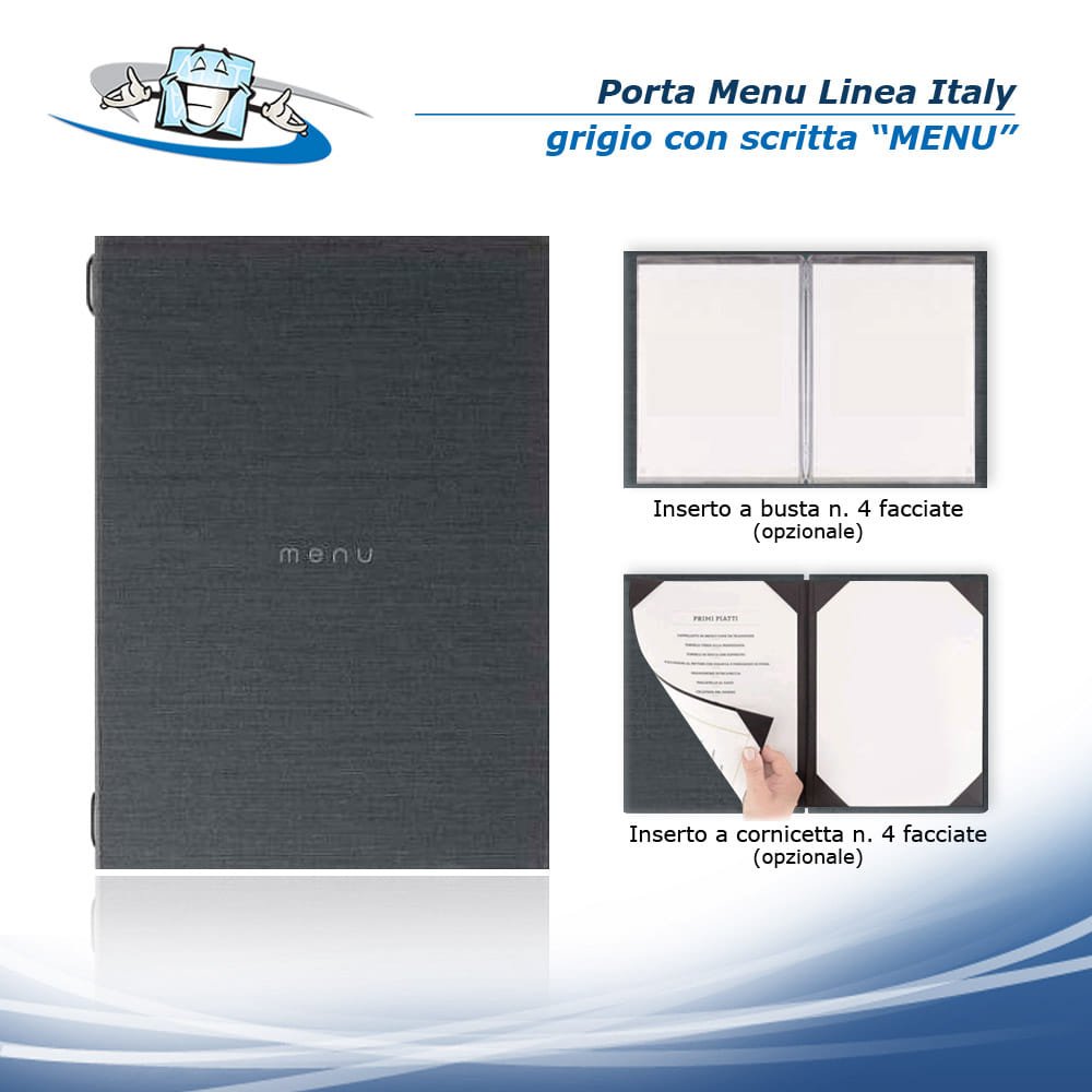 Linea Italy - Porta menu A4 (L 23 x H 32 cm) personalizzabile in cartoncino rivestito - grigio con scritta menu