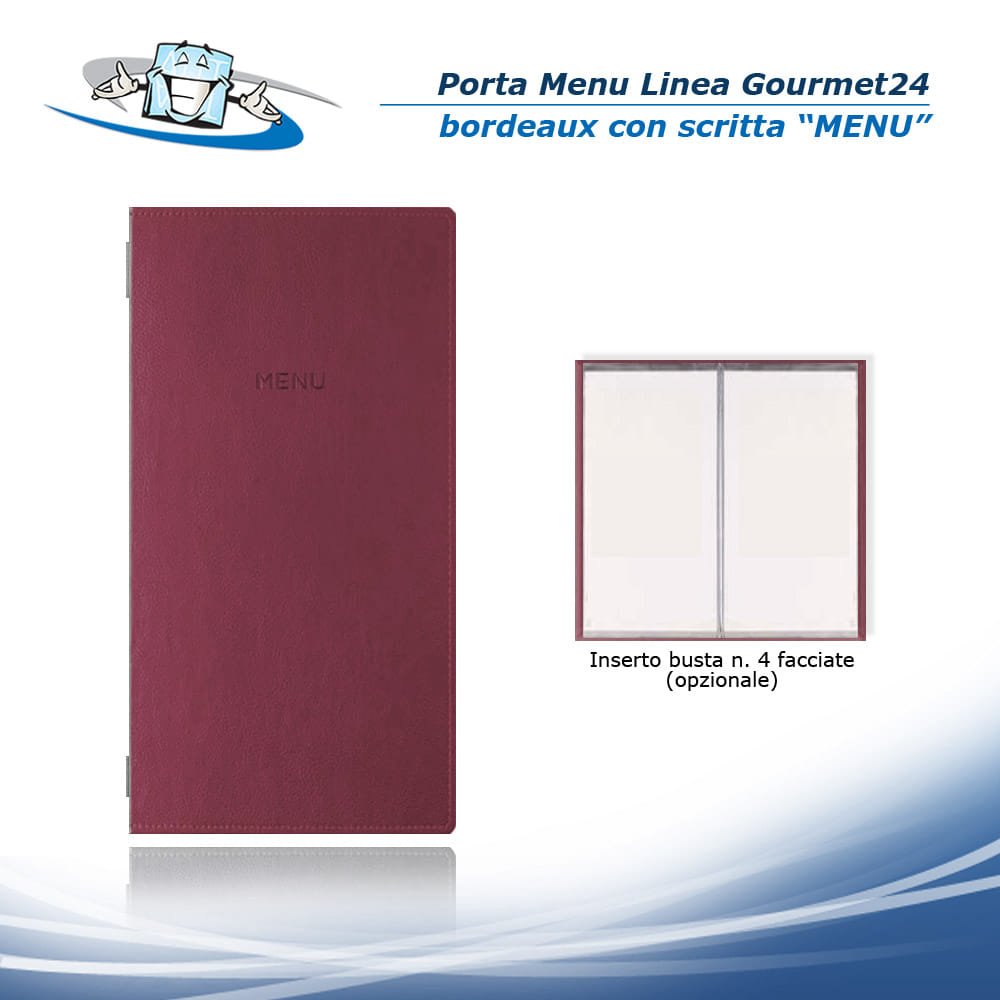 Linea Gourmet24 - Porta menu 4RE (L 17,2 x H 32 cm) personalizzabile rivestito in ecopelle - bordeaux con scritta menu